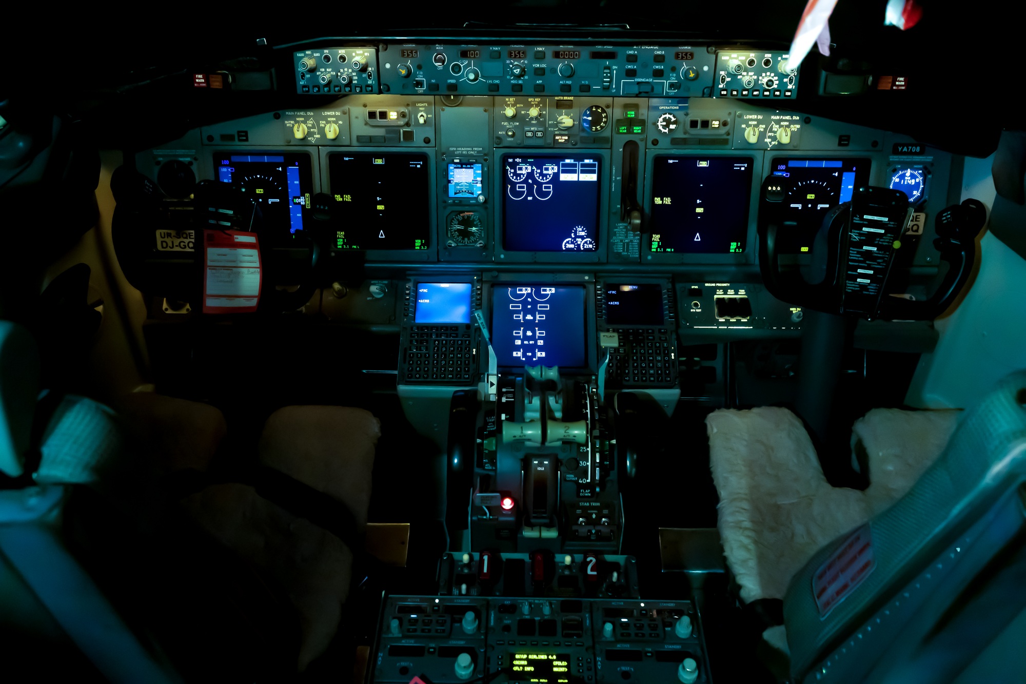Airplane cockpit aircraft. Plane instrument panel. Pilot seat. Night